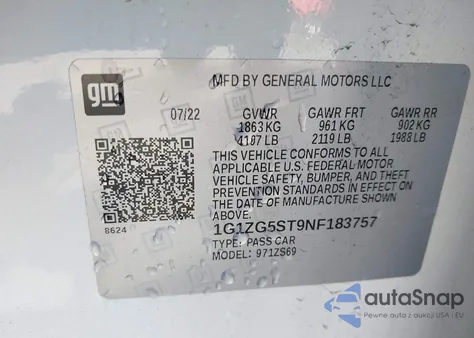 2022 Chevrolet Malibu Fwd Rs из США, поврежденный, VIN 1G1ZG5ST9NF183757